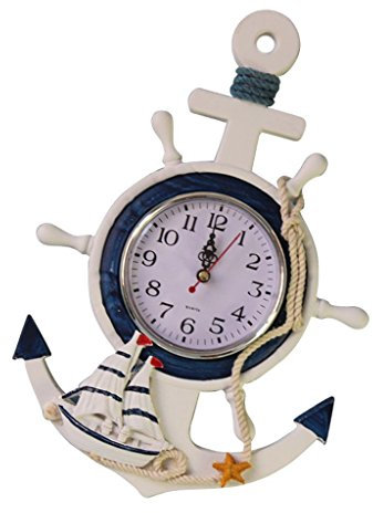 SGerste Orologio da parete rustico in legno a forma di ancora, stile marinaro, barca a vela, timone, decorazione da appendere alla parete