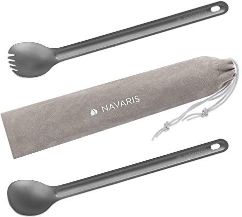 Navaris 2er Set Titan Besteck extra lang - 2in1 Outdoor Göffel Spork und Camping Löffel inkl. Tasche - Gabel Löffel Essbesteck Kombi - Reisebesteck