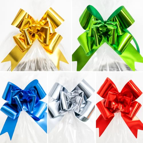 5 Extra Large Cellophane Hamper Bags with 5 Pull Bows – Gift Wrapping Set for Easter, Christmas, Birthdays & Special Occasions (102.5 x 70cm) – Clear Cello Bags - Red, Gold, Silver, Blue & Green Bows