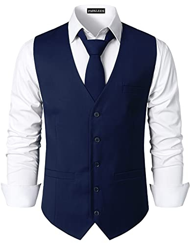 PARKLEES Men's Hipster Urban Design Business Formal Waistcoat Slim Fit Suit Tuxedo Dress Vest Navy L
