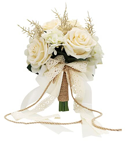 LEIFENY Artificial Plant, 1 Champagne White Rose Bridal Bouquet, 8.6 x 10.2 x 8.6 inches, Wedding Bouquets for Bride, Bridesmaid Bouquets with Silk Ribbon, Decoration