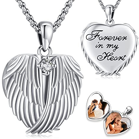 Eusense Collar Medallón para Fotos Colgante Foto Plata de Ley 925 Joyería Guardapelo Conmemorativa Alas de Ángel para Mujer Niñas