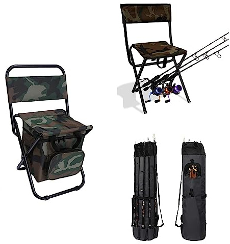 LEADALLWAY Fishing Chair with Rod Holder and Cooler Bag, Camouflage, Portable, Outdoor, 2.9 lbs, 280 lbs Capacity, Steel Frame, Oxford Fabric, Anti-Slip Feet, Adjustable Shoulder Strap
