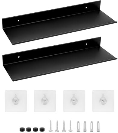 QWORK® Set di 2 Mensole Nere da Muro 40 cm Senza Foratura, Mensole in Lega di Alluminio per Salotto, Bagno, Cucina