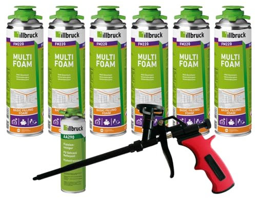 FM220 Lot de 6 mousses de construction, de montage, pour fenêtre, haute isolation phonique, isolation thermique, 500 ml, avec nettoyant AA290 + pistolet à mousse Business