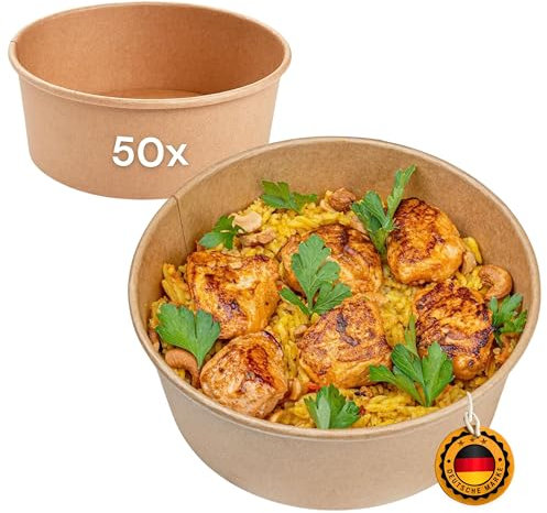LogiPack GeRo 50 Stück Kraft-Karton Salatschale, 750ml Ø150mm x 59mm höhe | ideal zum Transportieren von Salaten und Bowls, Karton-Schale braun rund (Schale)
