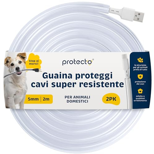 PROTECTO Guaine per Cavi per Animali Domestici – Pack 2 x 2,15 m/Ø 5 mm – Trasparenti, Ultra Resistenti, Flessibili, Inodori, Anti-Morso – Per Cavi Elettrici, USB, RCA, HDMI – Protezione Universale