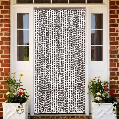 LAPOOH 377393 Brown and White Fly Curtain, 100 x 200 cm, Chenille, Anti-Fly Curtain for Windows and Doors, Lightweight Water Resistant Silent Mosquito Net