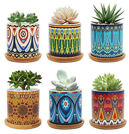 FORAGIFT 7.5CM Succulent Plant Pot, Ceramic Mandala Pattern Cactus Plants Pot, Small Plant Pots for Indoor Outdoor Plants with Bamboo Tray, and Great for Home Office Decor, Set of 6