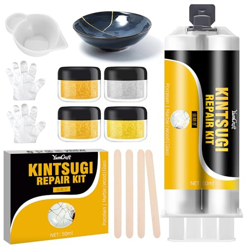 Kintsugi Reparationssats guld och silver 50 ml – livsmedelssäkert keramiskt lim för reparation av keramik, japanskt konsthantverk Kintsugi lim – fixera trasig keramik, porslin, skålar, koppar, vaser