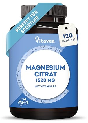 Citrato de magnesio - 120 cápsulas vegetales - 1520 mg de citrato de magnesio por dosis diaria - Ideal para deportistas - Función muscular, nervios y energía - Con vitamina B6 - Testado en laboratorio