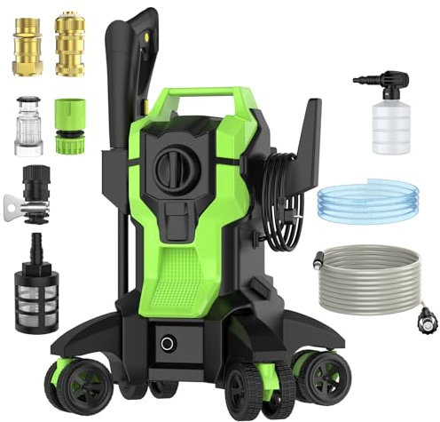 Nettoyeur Haute Pression, 150 Bar, Pression d'eau de 2400 PSI, Débit de 420L/h, IPX5, Pouvoir 2000 W, avec Tuyau Haute Pression 10 M, 4 Buse Réglable de 0 à 160°, Roue Universelle, Pot en Mousse (C)