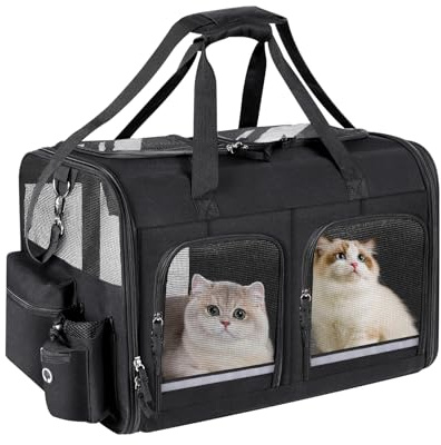 Groxkox Cat Carrier for 2 Cats, Foldable Double Cat and Dog Carrier, Small to Medium Size, 2 Front Zippered Compartments,Two Pets Carrier for Outdoor Travel,Mulitple Cat Carrier (Black)