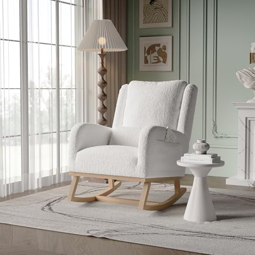 MIOOSUT Fauteuil à Bascule, Chaise Allaitement, Fauteuil à Accoudoirs, Chaise a Bascule Allaitement avec Pieds en Bois Massif, Teddy Velours, pour Salon, Chambre, Balcon (Peluche Teddy, Blanc)