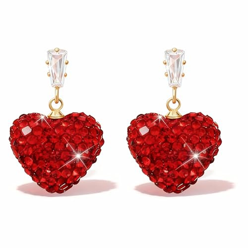 SIXDUTON Boucles d'Oreilles Cœur Cristal Rouge Femme, Boucles d'Oreilles Pendantes Forme Cœur Hypoallergénique Bijoux Cadeaux de Saint Valentin (Style Court)