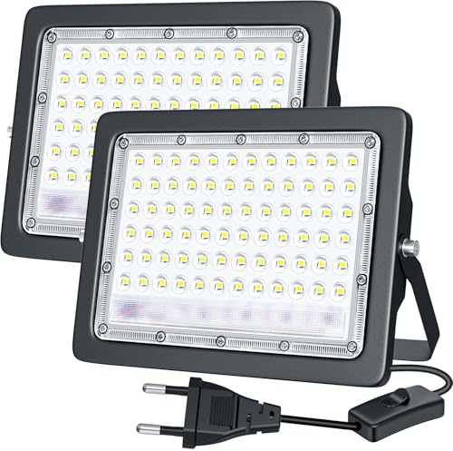 TOPBOS Focos LED Exterior 50W,5000LM Superbrillante con Enchufe e Interruptor, Blanco Frío de 6500K, Resistente al Agua IP66, para Jardín, Patio, Garaje y Campo Deportivo,2 Piezas