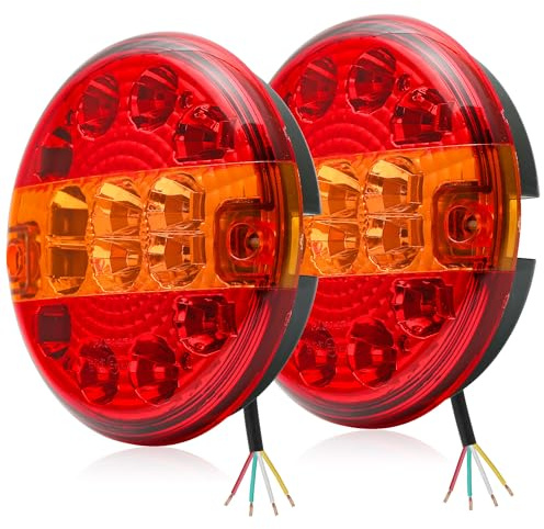 DARKGUARD 2 x runda LED-bakljus med E-märke 12V/24V vattentäta IP67, 3-i-1 röda (bromsljus/bakljus/körriktningsvisare) pinnfäste för lantbruksvagn, lastbil, traktor