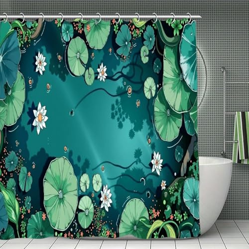 YCJUGWSP Lily Pond Floral Shower Curtain Luxury Texture Aesthetic Art Printed Fabric Polyester Waterproof 12 Pack Plastic Hooks for Bathroom Decor 72 X 72 Inch