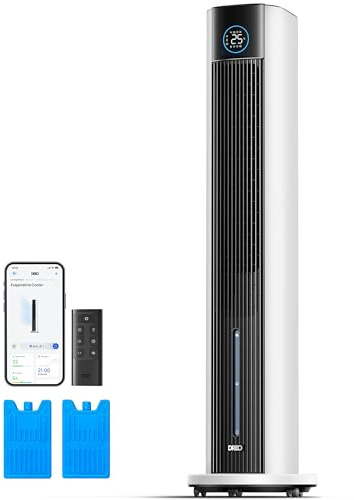 DREO Turmventilator mit Wasserkühlung, 110 cm Luftkühler mit Wasserkühlung Leise, 4-Geschwindigkeiten-4-Modi Verdunstungskühler, APP-Steuerung, Eisbeutel, 80° Oszillation, 12-Std. Timer, Weiß