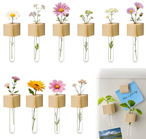SICANAUO 10Pcs Mini Vase Fridge Magnets, Wooden Flower Test Tube Refrigerator Magnet Stickers, Hydroponic Plant Display Holder For Fridge Decoration Home Kitchen Locker Whiteboard Office