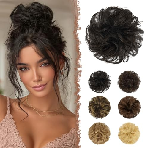 FESHFEN 100% Human Messy Bun - Human Hair Bun Real Elastic Scrunchies Hair Pieces Soft Fluffy Wavy Ponytail Extensions Updo Chignon Hairpieces for Women, Dark Brown