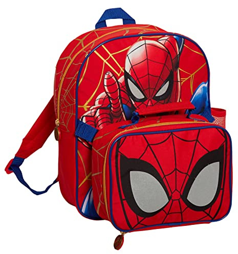 Marvel Spiderman Backpack with Insulated Lunch Bag and Bottle Holder for Boys 2 Pieces Matching Back to School, Red, Taille unique, Daypack