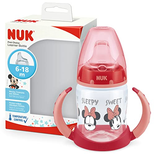 NUK First Choice+ Learning Bottle | 6-18 Months | 150 ml | Anti-Colic Valve | Leak-Proof Drinking Spout | Ergonomic Handles | BPA Free | Disney Minnie Mouse | Red