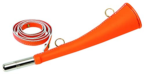 Januel - Corne de Chasse à Plate en Battue - Longueur 25cm - Gainée Cuir Synthétique - Anneaux de Transport - Orange Fluo - Avec Bretelle - Pipet Remplaçable