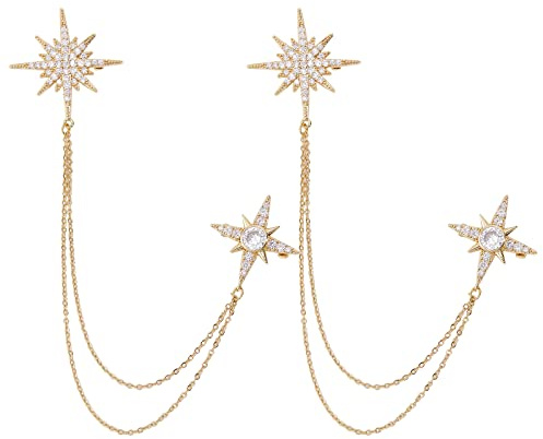 NBEADS Spilla a stella dorata con catena a nappa, esagramma e zirconia cubica, per abiti, smoking, camicie, cravatte, cappelli, sciarpe