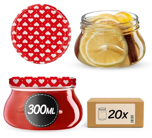 KADAX Små konserveringsburkar 300 ml, miniatyrburkar för honung och kryddor, syltburkar med lock, lufttäta glas att ge bort (hjärta 20 stycken)
