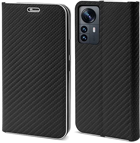 Moozy Hülle für Xiaomi 12 Pro, Schwarz Carbon - Metallischer Kantenschutz Klapphülle Handyhülle mit Kartenfach und Standfunktion