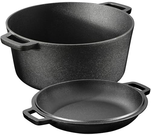 Navaris Pentola in Ghisa da Forno con Coperchio - Pentole e Padelle per Cuocere il Pane - Forno Olandese 4,7 l Ø 26 cm - Casseruola 2 Manici 2-in-1 - per Ogni Piano Cottura - Nero