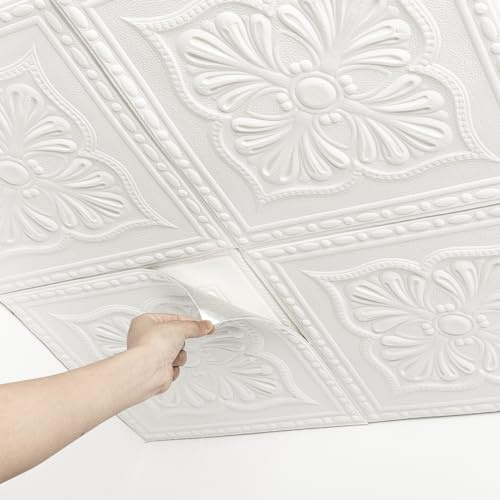 Ceiling Tiles, Ceiling Tiles Peel and Stick Foam, 16 Pcs, Covered 21 Sq.Ft, 3D Wall Panels Peel and Stick, Easy to Use and Cut for Ceiling and Interior Wall Decor, Plain White（13.8 x 13.8 inch）
