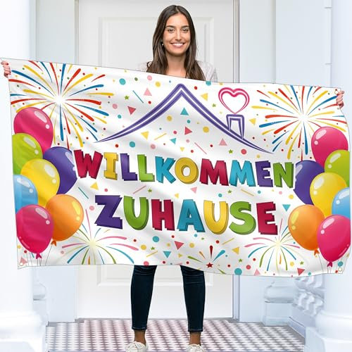 Willkommen Zuhause Banner 150 x 90 cm – Herzlich Girlande – Zurück Deko – Lebendiger Digitaldruck – 110 Den Polyester – Doppelnaht (Weiß)