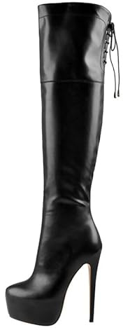 VERISSON Bottes pour femme avec talon aiguille au-dessus du genou avec lacets, Noir en polyuréthane., 45 EU