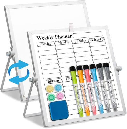 LISSCHANN Dry Erase Whiteboard Weekly Calendar with Stand, 25 x 25 cm Double-Sided Desktop White Board, Mini Portable Magnetic Planning Board Set with 6 Markers, 4 Magnets, 1 Marker Holder & 1 Eraser
