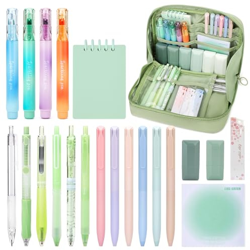 ESSALOO 22 Piezas Material Escolar Estético y Papeleria Aesthetic Con Estuche, 11 Boligrafos Gel, 4 Subrayadores, 1 Portamina, Regalo Niña 6 7 8 9 10 11 12 Años, Verde