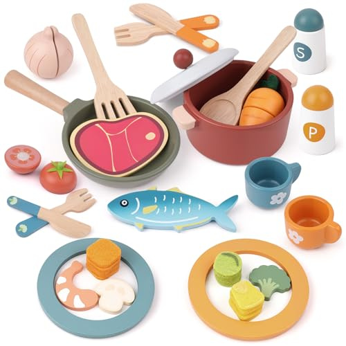JOYSINTOY Set da Cucina Giocattolo in Legno per Bambini, Accessori da Cucina e Stoviglie per Bambini con Pentole e Padelle Cibo Giocattolo per Bambino 3 4 5 Anni Regali di per Ragazze e Ragazzi
