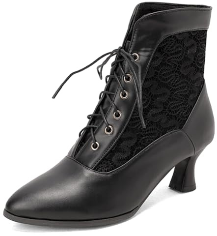 MiaZane Botas Tobillera Mujeres Señoras Tacones Altos Botas Victorianas Moda Cordón Cremallera Lateral Zapatos Altos Punta Afilada Tacón Kitten Cortas para Oficina,Negro,47 EU