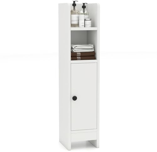 COSTWAY Slim Bathroom Floor Cabinet, Narrow Bathroom Storage Unit with Door and 4/5-Tier Shelves, Freestanding Toilet Paper Holder Cupboard Organiser for Small Space (1 Adjustable Shelf, White)