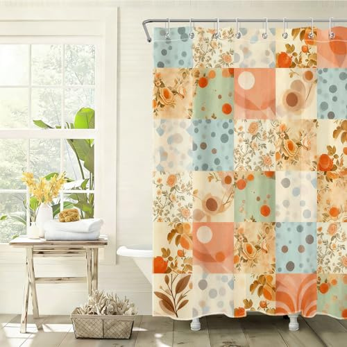 NEONWE Boho Plaid Floral Shower Curtain, Vintage Flower, 72x72 Inch