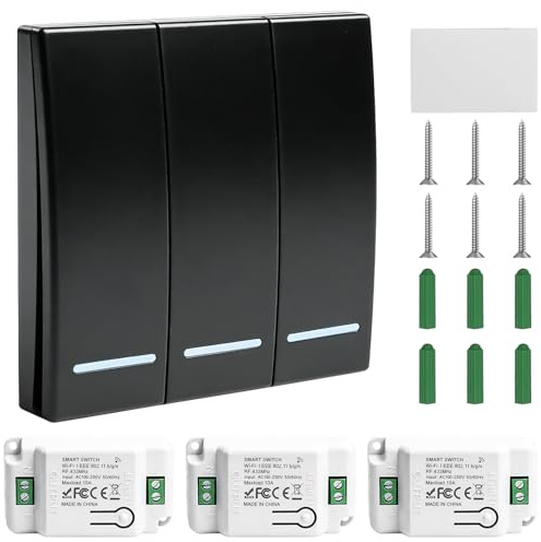 Behogan Set di 3 interruttori della luce da 230 V, WiFi + RF 433 MHZ con ricevitore, interruttore senza fili, portata di 30 m, trasmettitore radio, 1 interruttore e 3 ricevitori