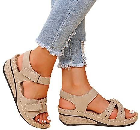 Zapatos Verano Mujer,Sandalias Mujer Verano Ortopédicas Comodas Deportivas Plataforma Sandalia Cuña Trekking Senderismo Caminar Zapatos Transpirables Flexibles Playa Caqui 38