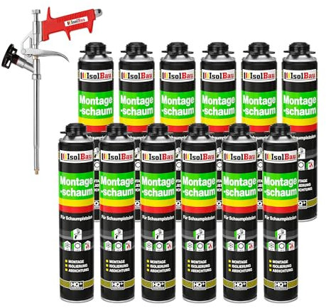 Isolbau Bauschaum-Set - Inkl. 12 x 1K Montageschaum B2 Pistolenschaum mit hervorragender Schall und Wärmedämmung (je 750 ml) & 1x Schaumpistole, Dämmen