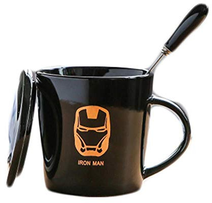 Taza Cerámica Negra 235Ml Con Cuchara Cubierta Patrón Iron Man Hogar Taza Del Restaurante Tazas De Moca Con Elegante Juego De Café De Porcelana Tazas