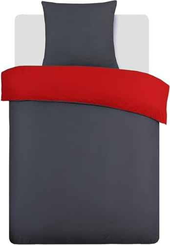 VISION Juego de Ropa de Cama de 135 x 200 cm con Funda de Almohada de 80 x 80 cm, Bicolor y Reversible: Rojo/Gris