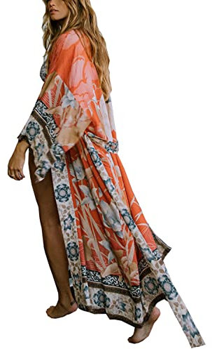 YouKD Damen Baumwoll Cardigan Bohemian Lang Kimono Beach Badeanzug Cover Up Kleid Plus Size Robe