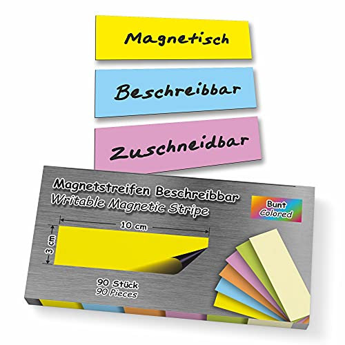 90 Stück Magnetstreifen 3x10 cm Beschreibbar Abwischbar Wiederverwendbar Zuschneidbar Magnetschilder Magnetische Etiketten Bunt Whiteboard Kühlschrank Magnettafel Präsentationskarten