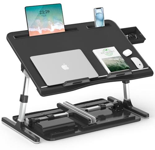 Potuopy Table de lit pour Ordinateur Portable en Cuir, Angle de Hauteur réglable, Support Pliable pour Ordinateur Portable avec Planche en Bois écologique pour Travailler, Lire, Manger sur Le lit, Le