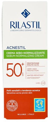 Rilastil Acnestil Crema Sebo-Normalizzante, Azione Lenitiva e Opacizzante, Antierima Solare, per Pelli Sensibili a Tendenza Acneica SPF 50+, Confezione da 40 ml